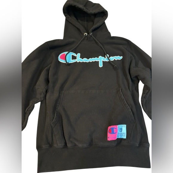 CHAMPION Reverse Weave Embossed Pullover Mens Hoodie Black Pink Blue Small - Picture 2 of 8